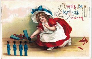 Clapsaddle Glorious Fourth Of July 4th Girl Light Firecrackers Fireworks 1911