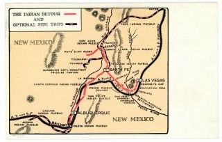 Mexico Nm - Indian Detour Map - Railroad - Fred Harvey Postcard Santa Fe/las Vegas