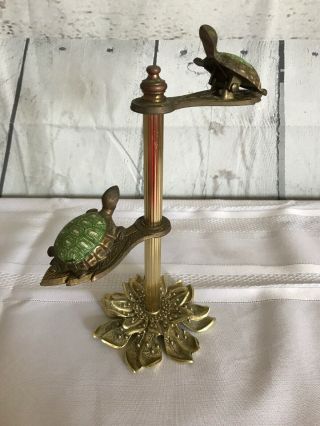 Vintage 1972 Allied Brass Metal Turtle Mail Clip Tower Note Paper Holder Stand