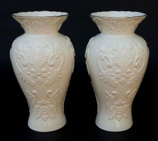 Pair 2 Lenox Large Georgian Ivory Porcelain Embossed Vase W/ 24k Gold Trim 16 " T