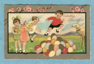 A4177 Postcard Chiostri Happy Easter Children With Large Eggs,  Lamb