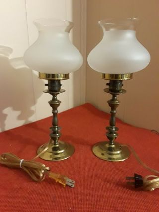 Vtg Pair Solid Brass Candlestick Lamps W/frosted Glass Shades