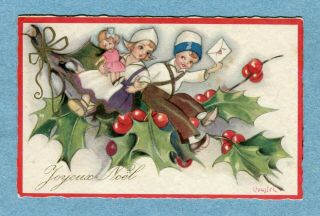 A8002 Postcard Chiostri Children In Dutch Costumes Sitting On Holly Branch
