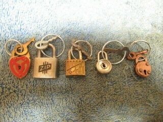 5 Different Old Miniature Padlock Lock All With Key Zip,  E L Co,  Kid.  N/r