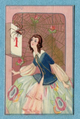 A7484 Postcard Chiostri Woman With Giant Spider On Calendar Page,  Web