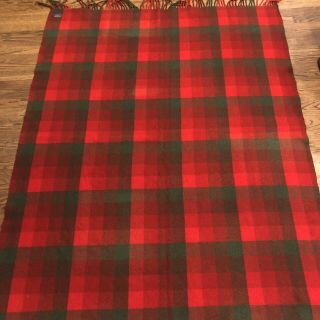 PENDLETON Red Olive Green Buffalo Plaid Wool Throw Blanket 65”x52” Vtg FLAWED 3