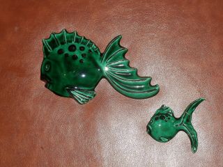 2 Vintage Mid Century Hand Painted Chalkware Ceramic Fish Wall Plaques Decor