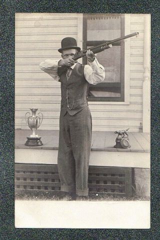 Man W Shotgun W Shooting Trophies - Circa 1910 Rppc Photo Grade 5