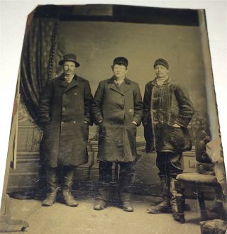 Rare Antique Victorian American Winter Fashion Men Different Hats Tintype Photo