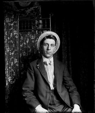 Vintage 4x5 Glass Plate Negative Sitting Young Man Wearing A Hat (v4390)