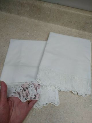 Vintage White Cotton Pillowcase Pair With White Hand Crocheted Edge - Birds