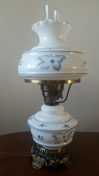 Vintage L & Lwmc 3 Way Hurricane Lamp White Blue Floral 17 " Tall