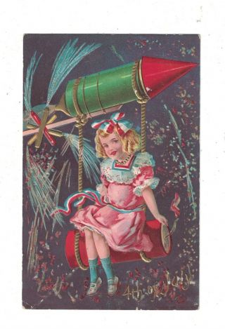 4 Th Of July Postcard Embossed Young Girl On A Firecracker Swing