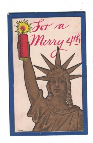 4 Th Of July Postcard Embossed Statue Of Liberty Holding Firecracker Sign Wall