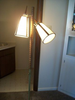 Vtg Mid Century Pole Lamp 2 Lights Standing Floor Lamp Linen Shades Wood Trim