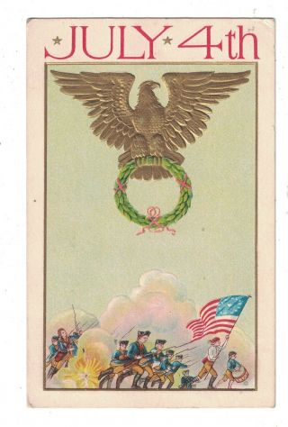4 Th Of July Postcard Embossed Large Eagle And Soldiers Charging
