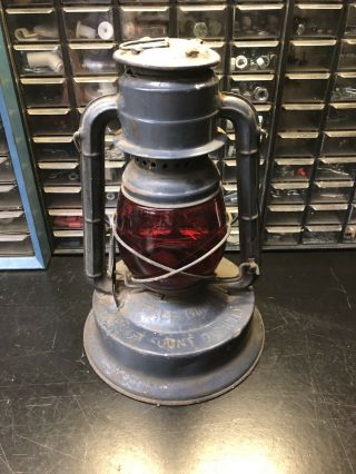 Vintage Blue Dietz Little Giant Railroad Lantern With Red Globe
