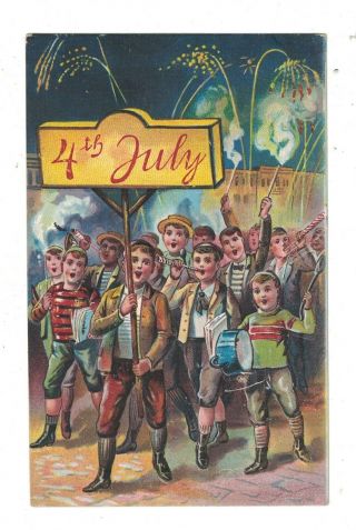4 Th Of July Postcard Embossed Group Of Boys Celebrating 4th July