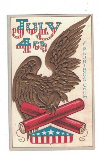 4 Th Of July Postcard Embossed Eagle On Top Of Fireworks