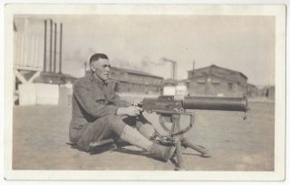 1917 Wwi Military Soldier & Machine Gun - Real Photo Vintage Postcard