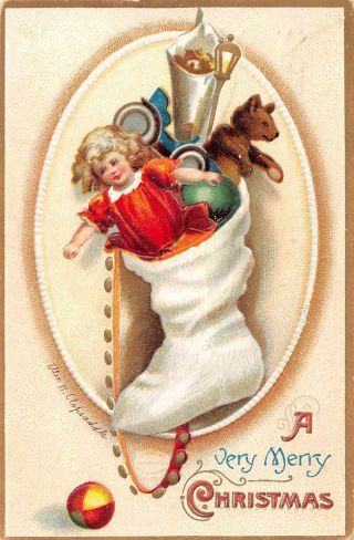 Christmas Greetings Toys In Stocking Clapsaddle Vintage Postcard - C493