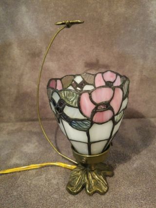 Vintage Tiffany Style Stained Glass & Metal Uplight Table Lamp W Dragonfly