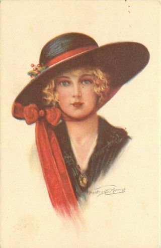 Artist Impression Art Deco Woman Fashion Hat 1920s Postcard 2755