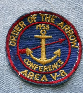Orig Worn Bsa Boy Scout Camp Patch Order Of The Arrow Conference Area V - A 1953