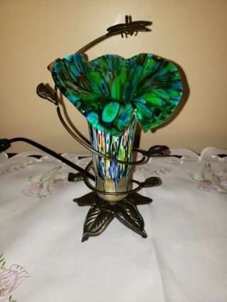 Millefiori Night Light Tulip Tiffany Style Green Lamp Shade 7.  5 " Tall; Dragonfly