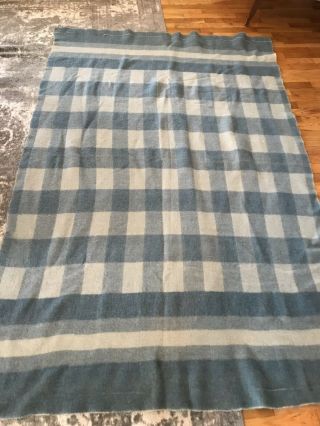 Vintage Blue Wool Check Stripe Blanket Cabin Camp Cottage Cutter