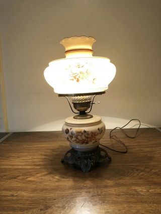 Vintage Table Top Gone With The Wind Floral Glass Hurricane Lamp