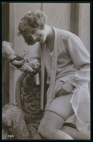 Photo French Risque Sexy Woman With Doll Show Her Leg 1920s Postcard