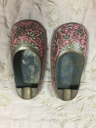 Vintage Small Brass Ashtrays Engraved Pink Hand Painted Shoe Pair From India