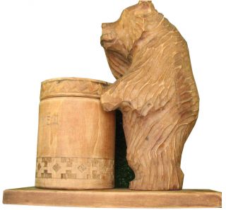" Bashkirian Honey " Vintage Wooden Pen Pencil Holder Hand Carved Russian Bear 50s