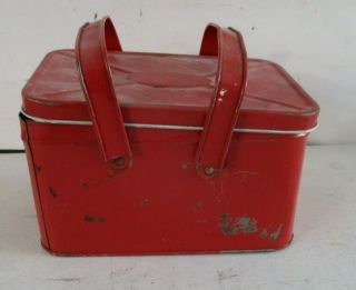 Vintage Metal Tin Picnic Basket W/ Handles Lid Red Lunchbox