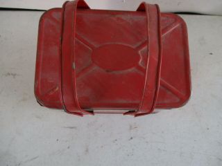 Vintage Metal Tin Picnic Basket w/ Handles Lid Red Lunchbox 2