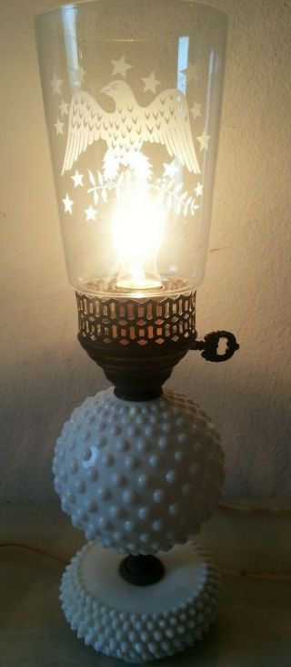 Vintage Milk Glass Electric Oil Lamp Etched Hurricane Chimney Bald Eagle