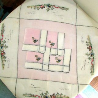 Vintage Fine Linen Tablecloth And 4 Napkins Embroidered,  Asian Theme