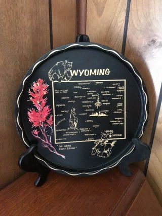 Vintage State Of Wyoming Round Black Metal Serving Tray Map W/indian Paint Brush