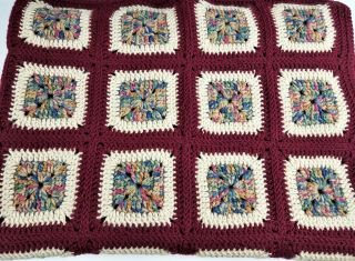Vtg Afghan Granny Square Crochet Handmade Burgundy Blanket Throw 50x50 "