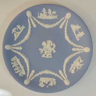 Wedgwood England Blue Jasperware 8 3/4 " Cupid & Bow Cherub Cake Plate Euc