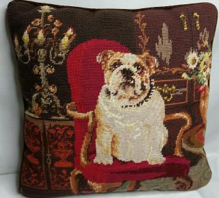 Vintage Bulldog Sits On Red Chair Wool Needlepoint Pillow Coffee Brown 14 X 14