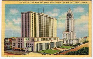 California Postcard Los Angeles Us Post Office Federal Building City Hall