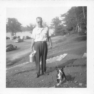 Man Proud Of His Boston Terrier Dog,  Vintage Photo Snapshot