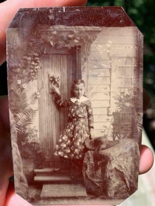 Antique 1800s Tintype Photo Little Girl Victorian Hat Great Backdrop Lion Head