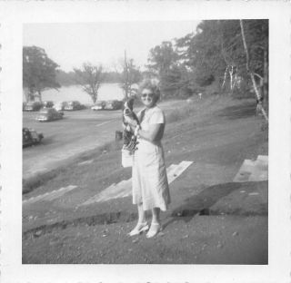 Woman Proud Of Her Boston Terrier Dog,  Vintage Photo Snapshot