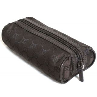 Auth Gucci Outlet Gg Pattern Pen Case Pouch Dark Brown Nylon/leather Italy Good