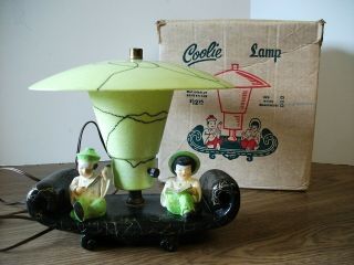 Vintage Coolie Tv Lamp Chartreuse Oriental Boy Girl String Accent Shade In Orig