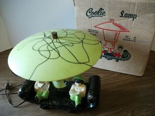 Vintage Coolie TV Lamp Chartreuse Oriental Boy Girl String Accent Shade in Orig 3