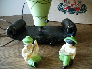 Vintage Coolie TV Lamp Chartreuse Oriental Boy Girl String Accent Shade in Orig 4